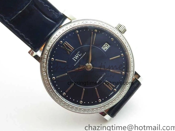 MIROTIME 1224 Portofino 37mm SS V7F 1:1 Best Edition Blue Dial Diamonds Bezel on Blue Leather Strap A Chic 7093